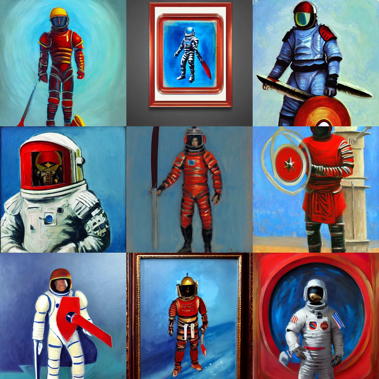 Prompt: astronaut - legionary with futuristic scutum tower shield and machete, tonalist style, luminist, figurative art, crulean blue and venetian red