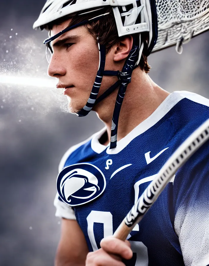 Image similar to closeup portrait of very beautiful cute male lacrosse player in a penn state stadium, glamour pose, particle effects, backlit, highly detailed, soft ambient lighting, sharp focus, rule of thirds, artgerm, wlop, arney freytag, rossdraws, frank frazetta, andrei riabovitchev, hd, octane, 4 k