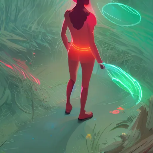 Image similar to a woman with [ red energy emanating from her hand ]!, stands in the middle of a pathway in a timid forest, trending on cgsociety, digital art, illustrated by max hay and anton fadeev, bioluminescent atmosphere, back view, intricate