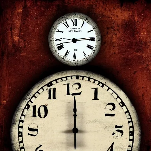 Prompt: A rustic album cover of a clock, rusty