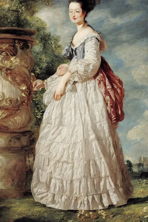 Prompt: 1700s kaya scodelario robe à la française by john constable enlightenment era, gaudy colors, mantua, frontage, petticoat,