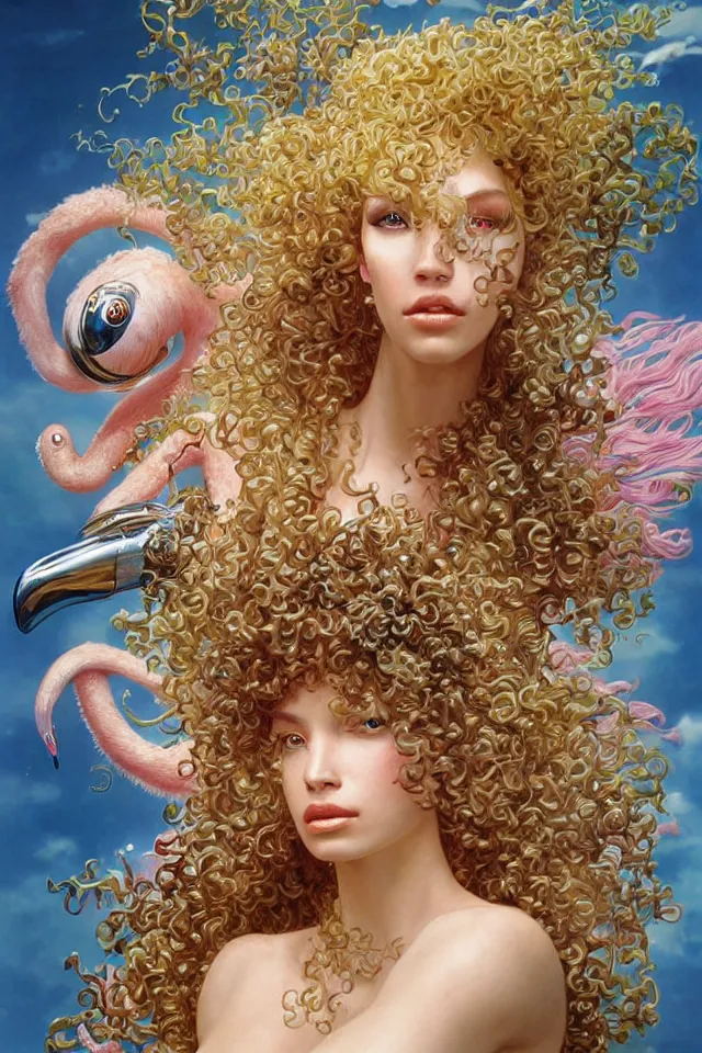 Image similar to an extreme close - up of a chrome cyborg nymph with long fluffy golden blonde curly hair running with a giant flamingo, tropical flower plants, pigmented smoke, by hajime soryama, boris vallejo, artgerm, greg rutkowski, alphonse mucha