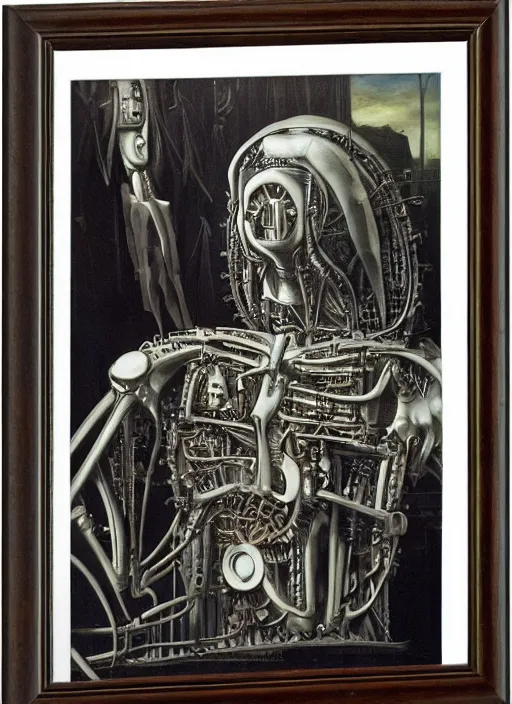 Image similar to a portrait of a mechanical president in the oval office, by h. r. giger, masterpiece, sharp focus, cinematic lightning