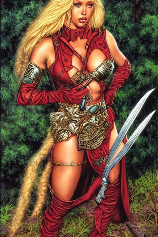 Image similar to Kagney Linn Karter as a beautiful female warrior by larry Elmore, Jeff easley and Boris Valejo and Julie Bell
