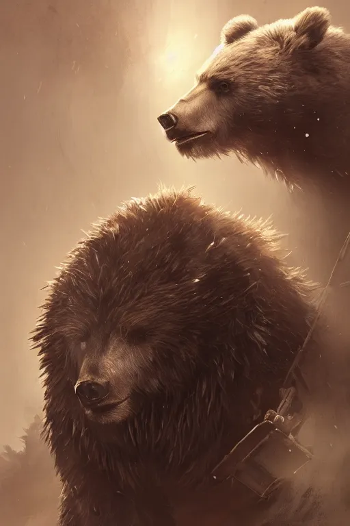 Image similar to a portrait of a mechanical Bear by Greg Rutkowski, Sung Choi, Mitchell Mohrhauser, Maciej Kuciara, Johnson Ting, Maxim Verehin, Peter Konig, final fantasy , mythical, 8k photorealistic, cinematic lighting, HD, high details, atmospheric,