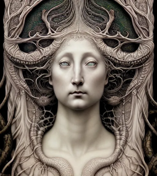 Image similar to beautiful moon goddess detailed realistic porcelain face portrait by jean delville, gustave dore, iris van herpen and marco mazzoni, art forms of nature by ernst haeckel, art nouveau, symbolist, visionary, gothic, neo - gothic, pre - raphaelite, fractal lace, intricate alien botanicals, ai biodiversity, surreality, hyperdetailed ultrasharp octane render