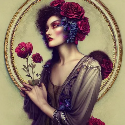 Image similar to tom bagshaw, soft painting of a curiosities carnival omnious, beautiful young aristocrat blessing flowers in full dress, perfectly detailed, symmetrical accurate intricate sensual features, highly detailed, artstation, sharp focus