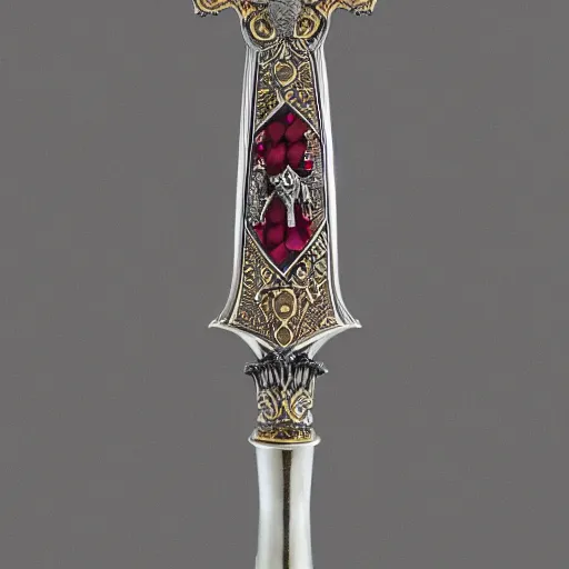 Image similar to hyperrealistic photograph! of a royal silver!! claymore sword, ornate with rubies and amethysts!!!!, crusade style