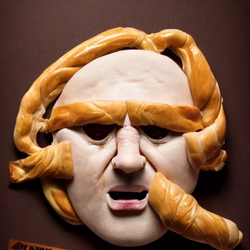 Prompt: Photorealistic man made out of Danish pastry, very angry, studio lighting.