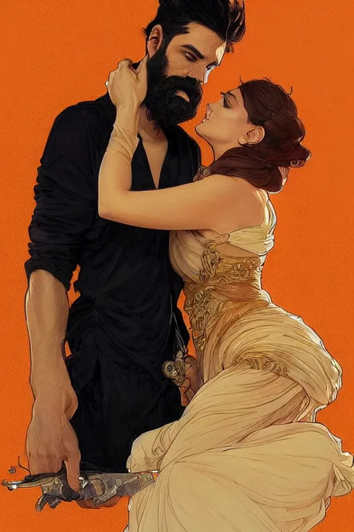 Image similar to bearded young man in orange t - shirt fastens beautiful black dress of his spouse before going to exquisite gala art by artgerm and greg rutkowski and charlie bowater and magali villeneuve and alphonse mucha