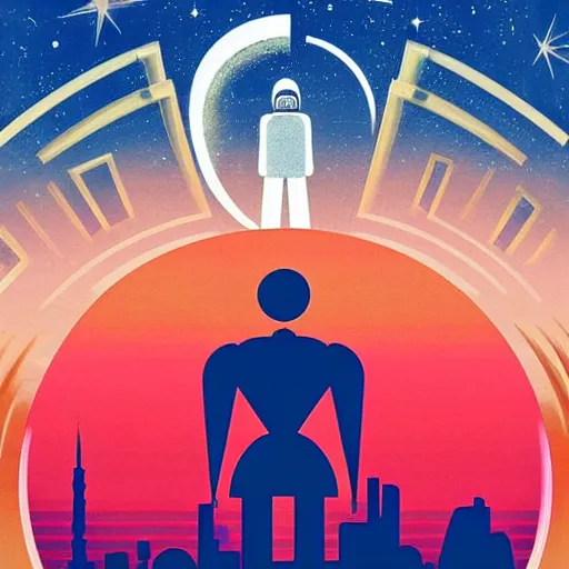 Image similar to “simple 1950s art deco style robot silhouette facing a futuristic city, planets and stars in the background, dramatic lighting, glowing highlights, blue palette, artist ruth ray and Isaac Asimov, retro poster”