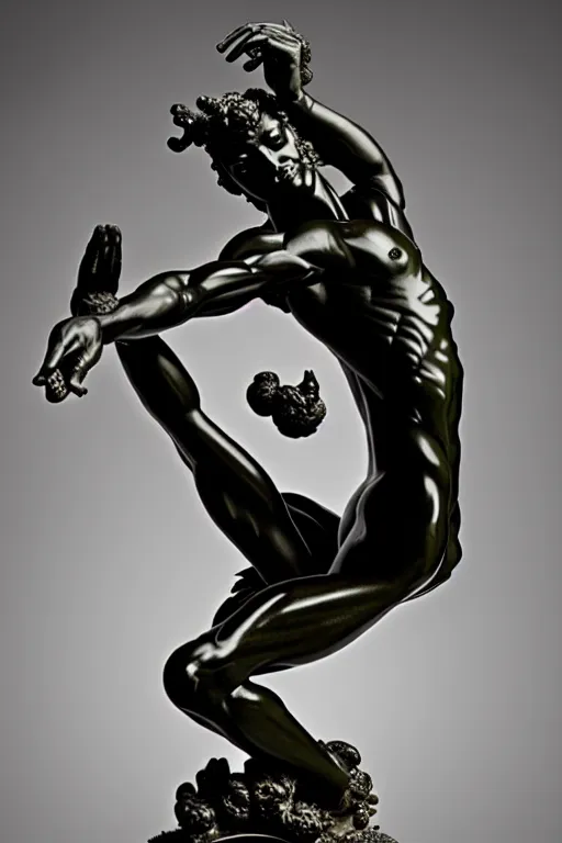 Prompt: intricate and detailed dancing Satyr statue made on polished obsidian by Antonio Corradini