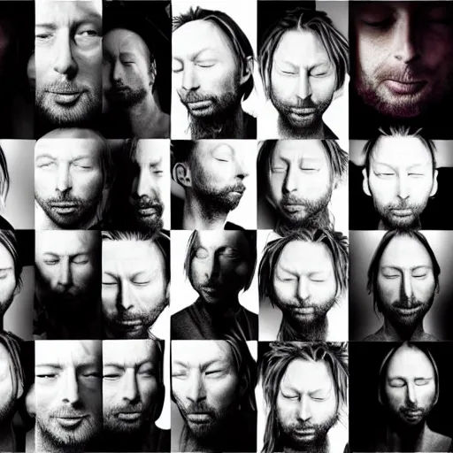 Image similar to overlapping sheets of random thom yorke versions, hyper realistic, many very random variations of thom yorke, various emotions, various poses, high quality photographs, mixed styles, intricate details, beautiful lighting, diverse