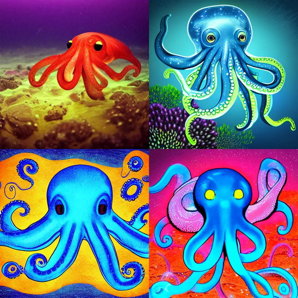 Prompt: ginat glowing octopus in the deep of the ocean, realistic