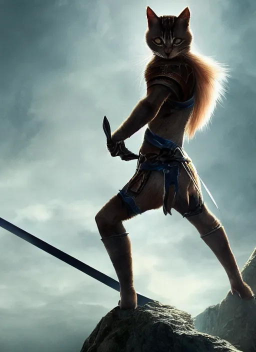 Image similar to a bipedal cat with a sword in elden ring, gameplay, 8k, hd