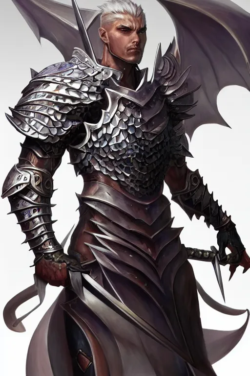 Image similar to Full body character concept art of an anime draconian warrior knight, iridescent scales, cool face, muscular, by Stanley Artgerm Lau, WLOP, Rossdraws, James Jean, Andrei Riabovitchev, Marc Simonetti, and Sakimichan, tranding on artstation