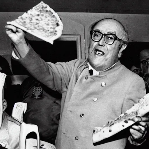 Prompt: Bettino Craxi throwing a pizza slice a the Italian parliament, old '80 historical photo