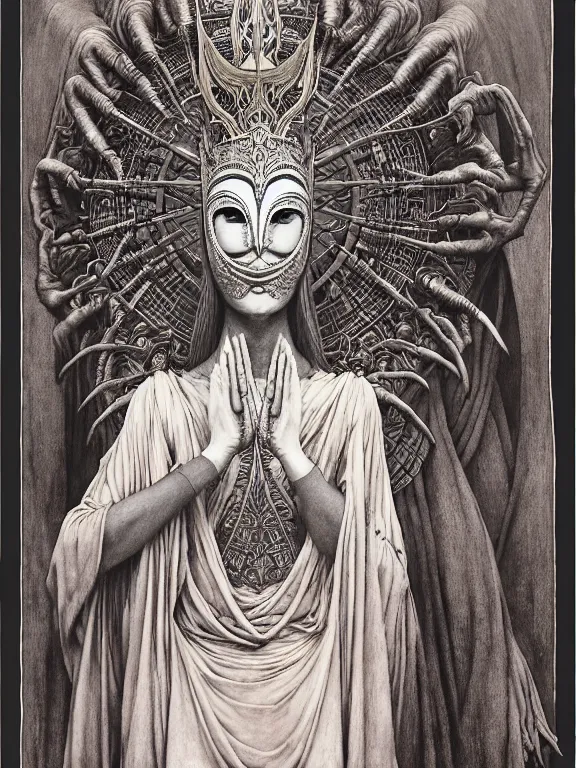 Image similar to soaring woman wearing a giant mask with many thick long blades behind head. dressed in a long robe with wide sleeves and making namaste / anjali mudra gesture. highly detailed, symmetric, concept art, masterpiece, fantasy art, hyperdetailed, hyperrealism, art by zdzisław beksinski, arthur rackham, dariusz zawadzki