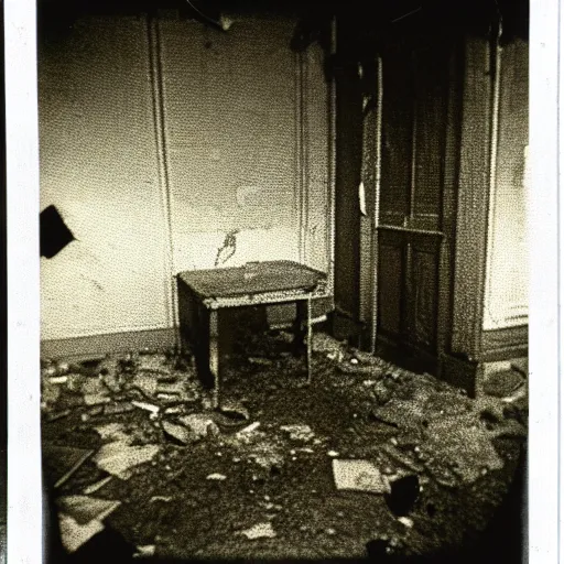 Image similar to grainy polaroid photos of a dark grungy abandoned room with debris on floor with three dark shadowy human figures lit by camera flash