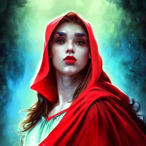 Image similar to Beautiful face Portrait of Little Red Riding Hood with a rainbow panther, face painting, dramatic lighting, intricate, wild, highly detailed, digital painting, artstation, concept art, smooth, sharp focus, illustration, art by artgerm and greg rutkowski and alphonse mucha, footage from space camera