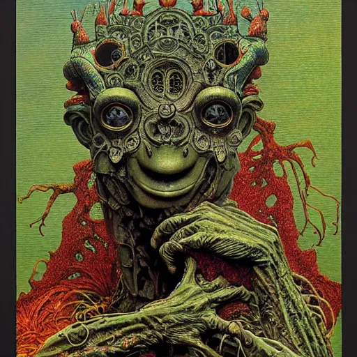 Prompt: realistic detailed statue a god frog, Greg Hildebrandt, and Mark Brooks, Neo-Gothic, gothic, rich deep colors. Beksinski painting, part by Adrian Ghenie and Gerhard Richter. art by Takato Yamamoto. masterpiece