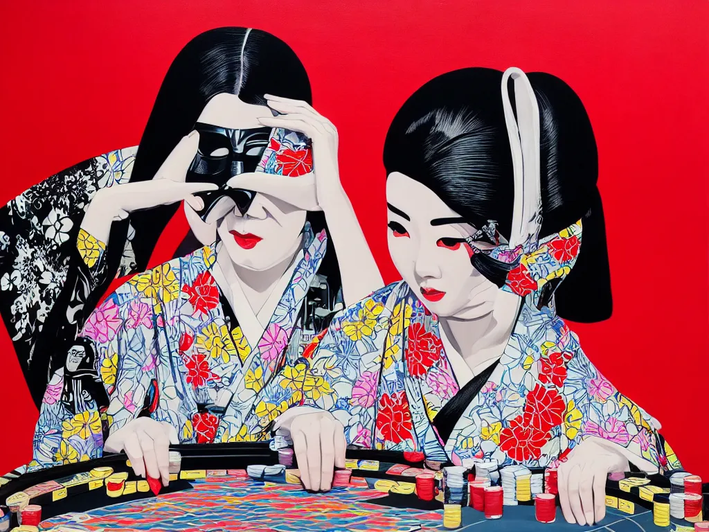 Image similar to hyperrealism composition of the detailed woman in a japanese kimono sitting at an extremely detailed poker table with darth vader, fireworks on the background, pop - art style, jacky tsai style, andy warhol style, acrylic on canvas