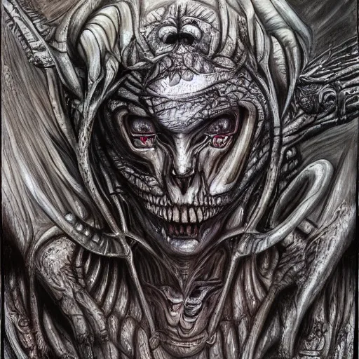 Image similar to Giger portrait of queen dragon, Dragon in dragon lair, HD, soft shading, hyperdetailed, wide angle lens, fantasy, futuristic horror, style of giger