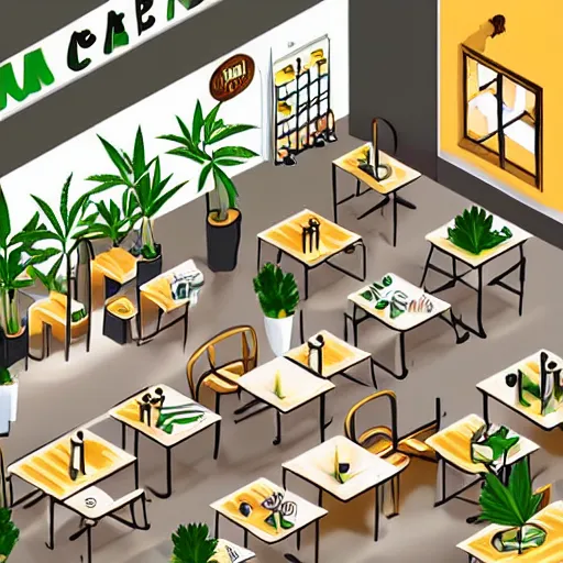 Image similar to hand - drawn minimalistic interior design of cannabis pot plant cafe, isometric, fun cute art