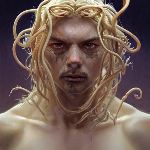 Prompt: male medusa, highly detailed, digital painting, bloody eyes, snakes, white skin, artstation, concept art, smooth, sharp focus, illustration, art by artgerm and greg rutkowski and alphonse mucha