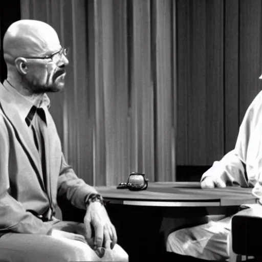 Prompt: A still of Walter White as a guest on Tonight With Johnny Carson, 1970s