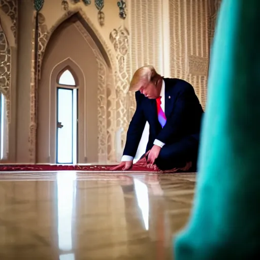 Image similar to Trump praying in mosque, award winning cinematic photography, 50 mm, blurred background, perfect faces