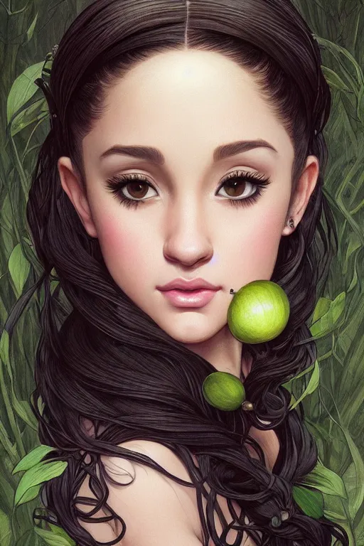 Image similar to beautiful cottagecore Ariana Grande holding a Black Onion, dark Hair, dark forest, intricate, elegant, highly detailed, digital painting, artstation, concept art, smooth, sharp, focus, illustration, art by artgerm and greg rutkowski and alphonse mucha