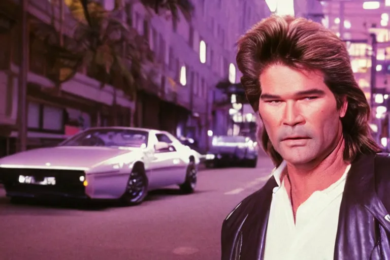 Prompt: 80s dressed Kurt Russel posing and in the background there two 80s sports cars parked on a deserted city street at night time, purple lighted street, wide angle, cinematic, retro-wave vibes, grainy, soft motion blur