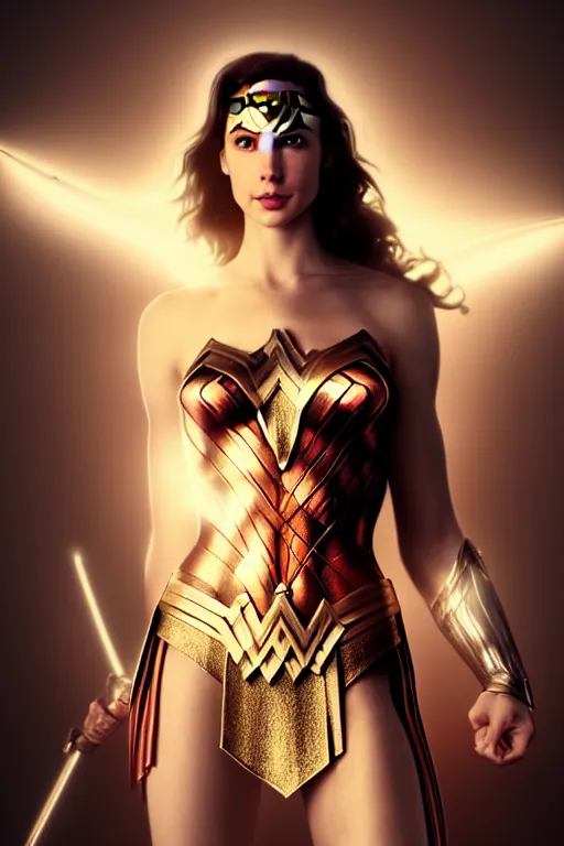 Prompt: Portrait of a beautiful pale skin Nordic female gal gadot as a wonder woman, elegant, photorealistic, highly detailed, artstation, smooth, sharp focus, gold ornaments, neon lighting, sci-fi, art by Klimt