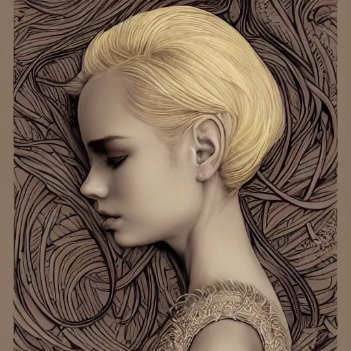 Image similar to a portrait of an incredibly beautiful, graceful, elegant, and sophisticated young blonde girl made of garlic, an ultrafine detailed illustration by james jean, intricate linework, bright colors, final fantasy, behance contest winner, vanitas, angular, altermodern, unreal engine 5 highly rendered, global illumination, radiant light, detailed and intricate environment