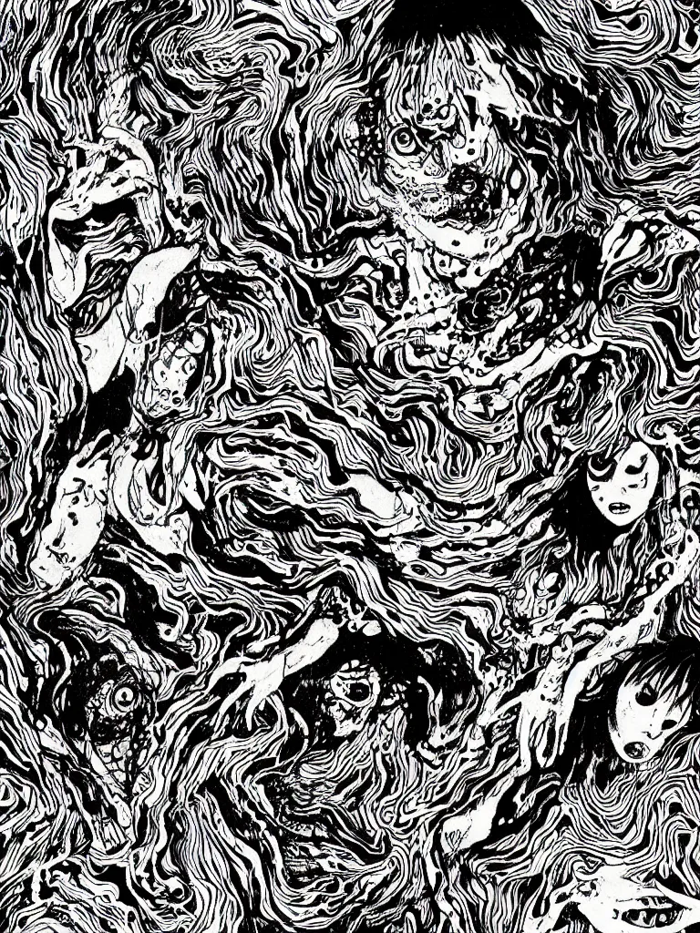 Prompt: black and white illustration creative design junji ito body horror psychedelic