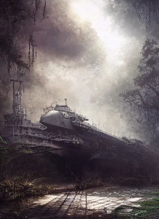 Prompt: rusty aircraft carrier, USS Nimitz, overgrown with vegetation laying on the ground of a tropical forest, post appocalyptic illustration by Luis Royo, by Greg Rutkowski, dark, gritty, intricate, cover illustration, concept art, volumetric lighting, volumetric atmosphere, sharp focus, octane render, trending on artstation, 8k