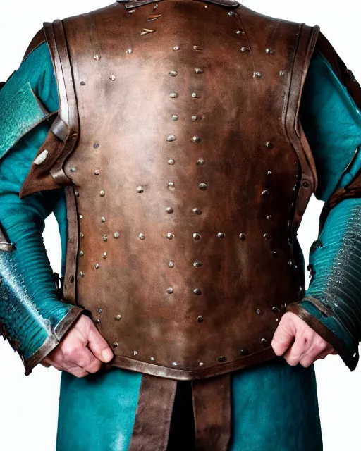 Prompt: an award - winning photo of a ancient male model wearing a simplified baggy teal distressed medieval designer menswear leather jacket slightly inspired by medieval armour, 4 k, studio lighting, wide angle lens