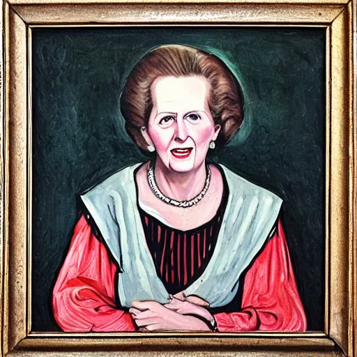 Prompt: margaret thatcher as a 1 2 th century peasant in england, painting, exhibited at british museum, oil on canvas, restored, art, 1 2 th century