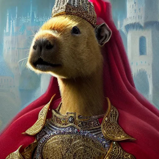 Prompt: detailed photorealistic of a capybara wearing a highly detailed ornamented gold crown with diamonds, in a medieval knight armor with red cape, standing in front of a highly detailed castle, sharp focus in the style of ruan jia, Mandy jurgens, cinematic light, concept art, trending on artstation, ultra realistic