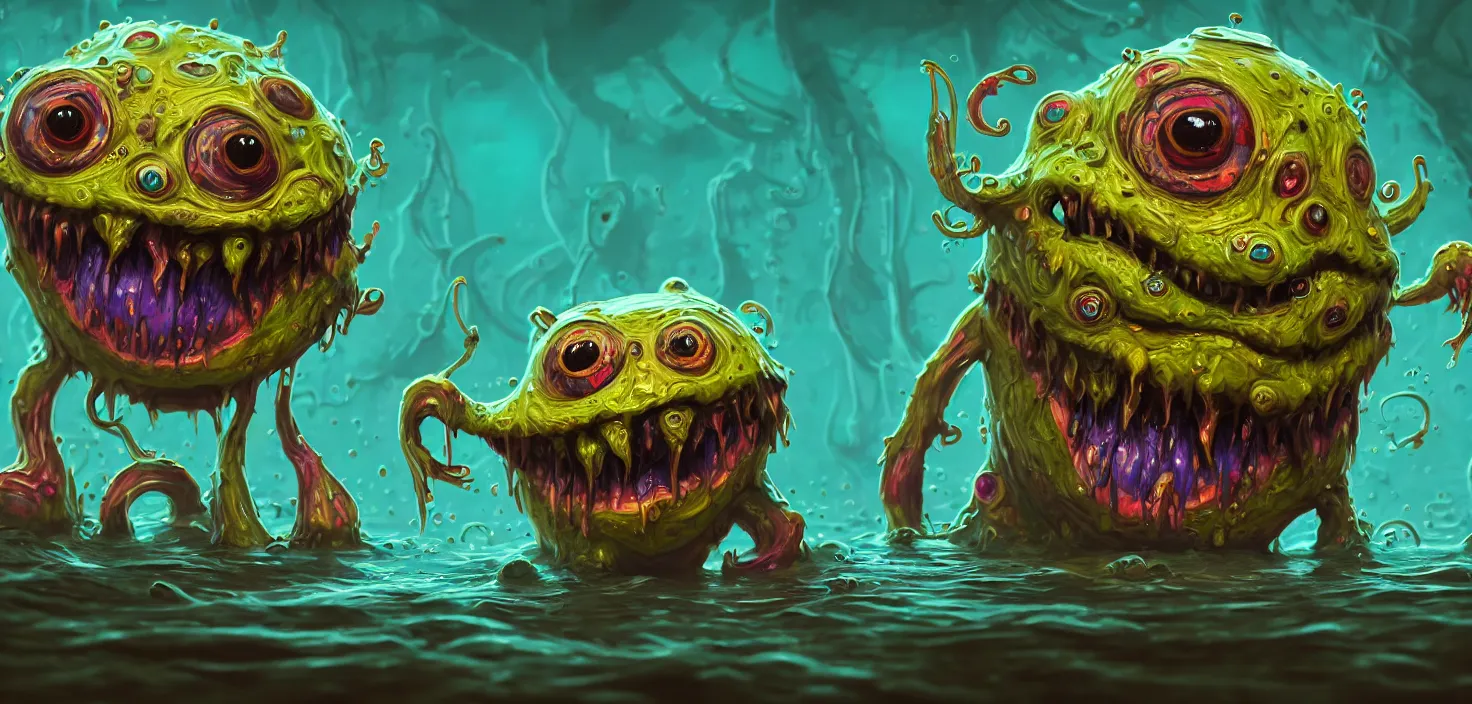 Prompt: intricate colourful murky with strange cute friendly crazy monsters with huge beauty eyes long tongue triangle teeth and scary face appearing from the water, in the style of craola, shallow depth of field, highly detailed, digital painting, trending artstation, concept art, illustration, cinematic lighting, vibrant colors, photorealism, epic, octane render