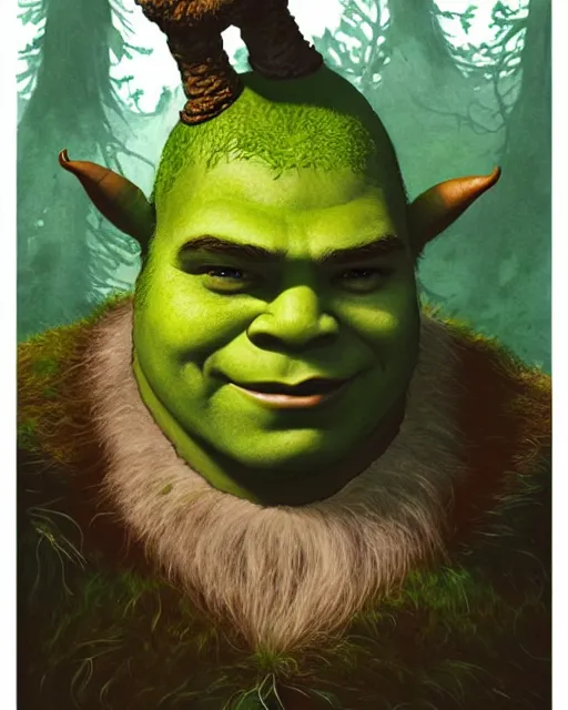 Image similar to portrait of beautiful shrek with green Elf antlers,nature,swamp,elegant,magical,highly detailed,artstation,concept art,illustration,by sakimichan,bouguereau,Ilya Kuvshinov,Ayami Kojima,Evanna Lynch