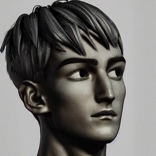 Image similar to “a realistic detailed photo of a guy who is an attractive humanoid who is half robot and half humanoid, who is a male android, twitch streamer Ninja Tyler Blevins, shiny skin, posing like a statue, blank stare, bedroom, close up”