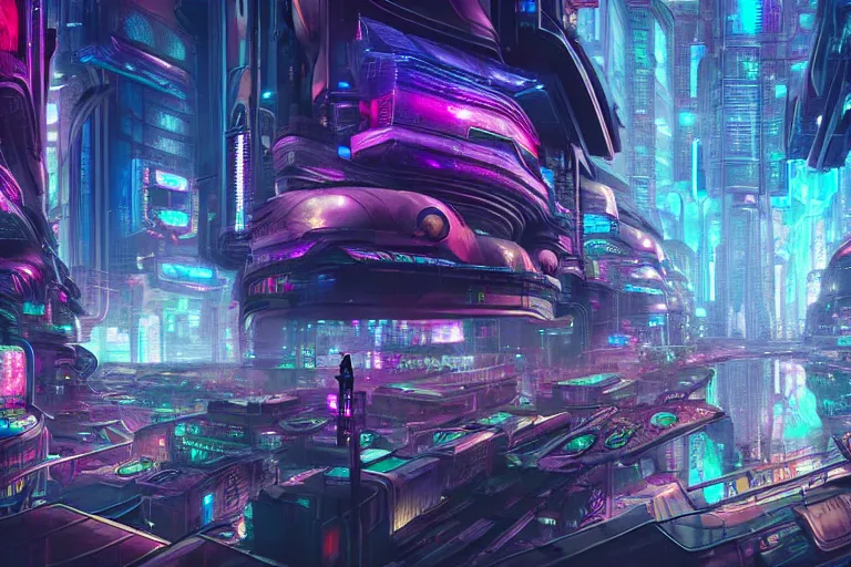 Image similar to a psychedelic cyberpunk city at the edge of existence where intensely creative astral beings live, in the style of wlop, illustration, epic, fantasy, hyper detailed, smooth, unreal engine, sharp focus, ray tracing