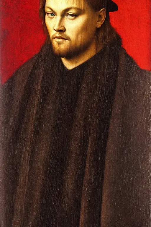 Image similar to 1 4 0 0 s renaissance portrait of leonardo dicaprio oil painting by jan van eyck, northern renaissance art, oil on canvas, wet - on - wet technique, realistic, expressive emotions, intricate textures, illusionistic detail