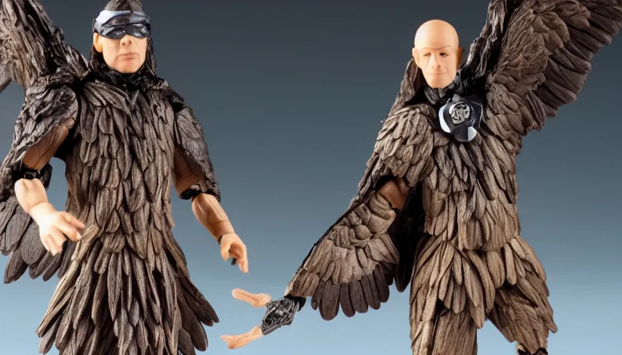 Image similar to action figure in package, man with raven as a head, collectors edition, mint condition