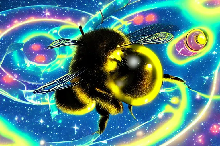 Prompt: bumble bee flying through a glowing ring descending upon the earth, psychedelic landscape, trending on artstation, featured on deviantart, award winning digital artwork art