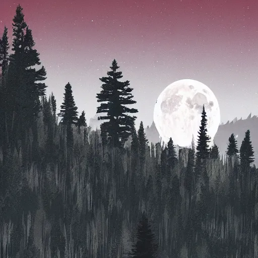 Prompt: rocky mountains at night, by ismail inceoglu, large full moon centered in the background, pine trees, digital art, illustration, detailed, spooky, gloomy, 8 k render