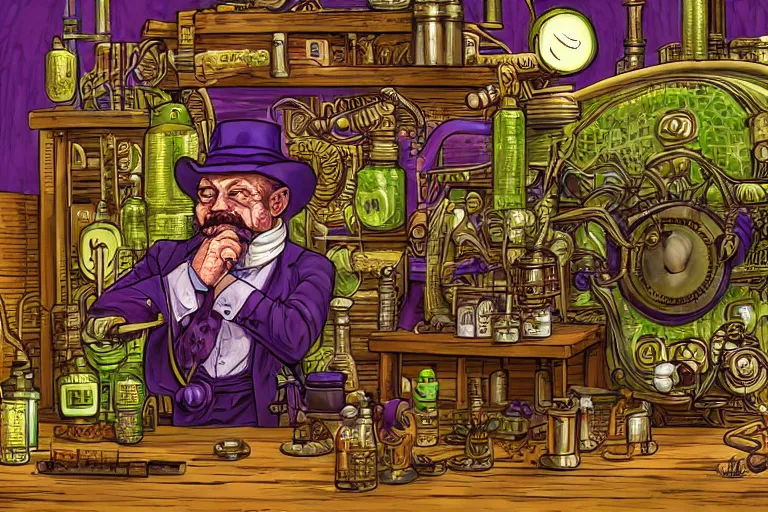 Image similar to Uncle Aloysius, snake oil salesman, wild west crypto pharmaceutical industrialist locomotive petroleum apothecary alchemist tinkerer engineer, cute, fantasy, intricate, elegant, highly detailed, digital painting, 4k, HDR, concept art, smooth, sharp focus, illustration, purple green color scheme, art by Ed Roth and H R Giger and Greg Rutowski and Lisa Frank