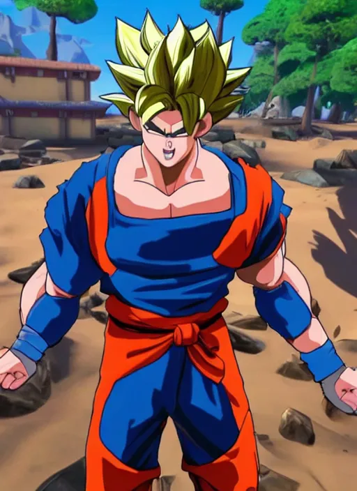 Image similar to game still of a sayan goku as a fortnite skin in fortnite by fortnite, pose.